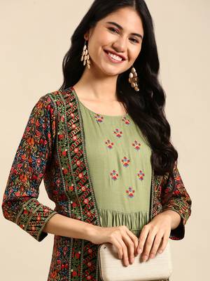 women's ankle length round neck olive tribal anarkali kurta 1