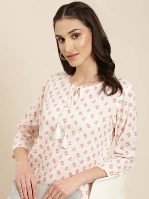women's calf length tie-up neck off white floral straight kurta 1