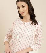 women's calf length tie-up neck off white floral straight kurta