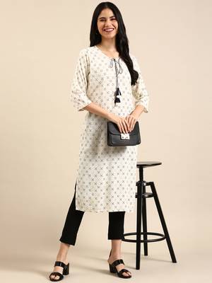 Showoff women's calf length round neck cream abstract straight kurta 5