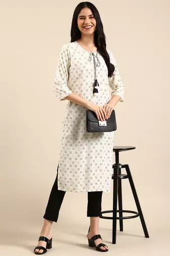 Showoff women's calf length round neck cream abstract straight kurta