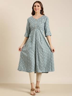 women's calf length round neck grey ethnic motifs a-line kurta 2