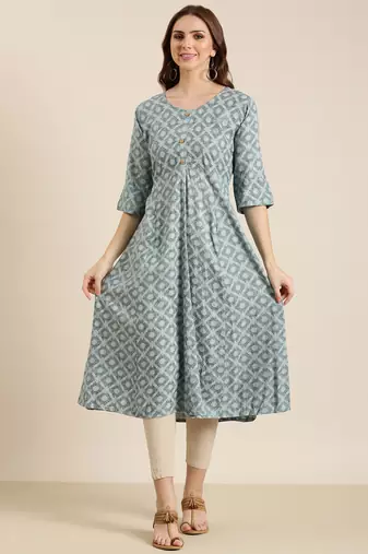 women's calf length round neck grey ethnic motifs a-line kurta
