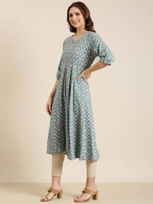 women's calf length round neck grey ethnic motifs a-line kurta 3