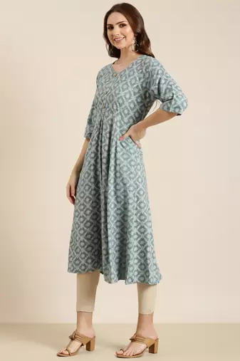 women's calf length round neck grey ethnic motifs a-line kurta