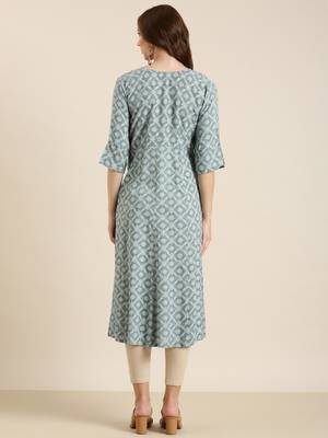 women's calf length round neck grey ethnic motifs a-line kurta 4