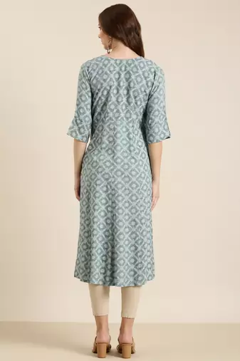 women's calf length round neck grey ethnic motifs a-line kurta