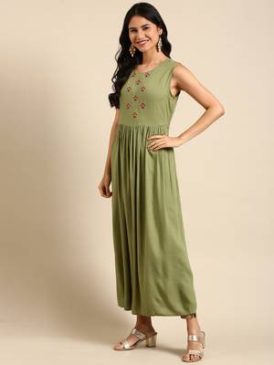 women's ankle length round neck olive tribal anarkali kurta 5