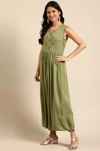 women's ankle length round neck olive tribal anarkali kurta