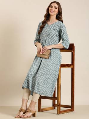 women's calf length round neck grey ethnic motifs a-line kurta 5