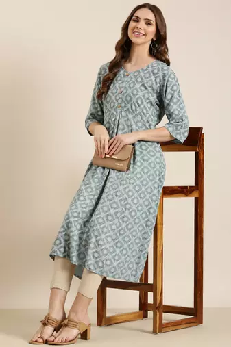 women's calf length round neck grey ethnic motifs a-line kurta