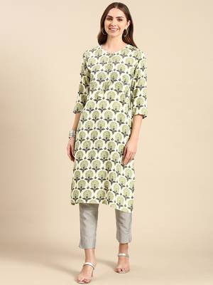 women's calf length keyhole neck cream ethnic motifs straight kurta 1