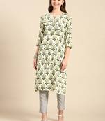 women's calf length keyhole neck cream ethnic motifs straight kurta