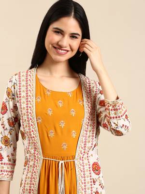 women's calf length round neck mustard embellished straight kurta 1