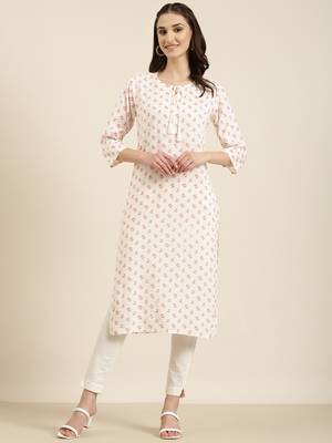 women's calf length tie-up neck off white floral straight kurta 2