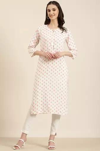 women's calf length tie-up neck off white floral straight kurta