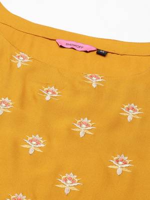 women's calf length round neck mustard embellished straight kurta 2