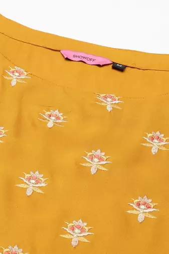 women's calf length round neck mustard embellished straight kurta