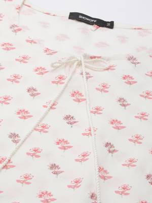 women's calf length tie-up neck off white floral straight kurta 3
