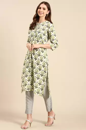 women's calf length keyhole neck cream ethnic motifs straight kurta