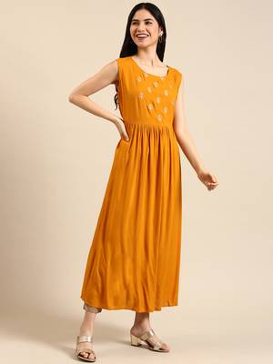women's calf length round neck mustard embellished straight kurta 5
