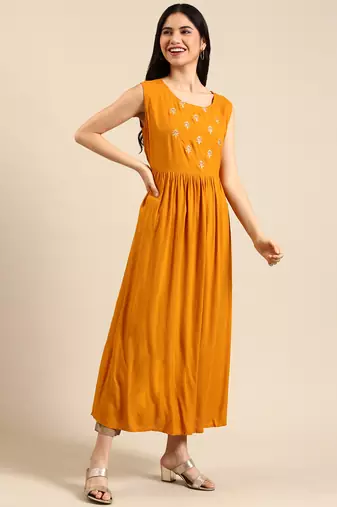 women's calf length round neck mustard embellished straight kurta