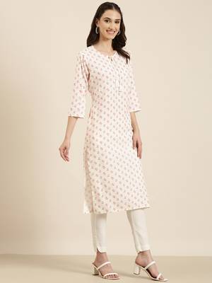 women's calf length tie-up neck off white floral straight kurta 4