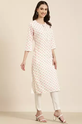 women's calf length tie-up neck off white floral straight kurta