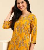 women's calf length round neck mustard floral straight kurta