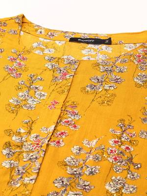 women's calf length round neck mustard floral straight kurta 2
