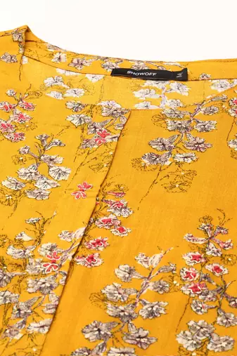 women's calf length round neck mustard floral straight kurta