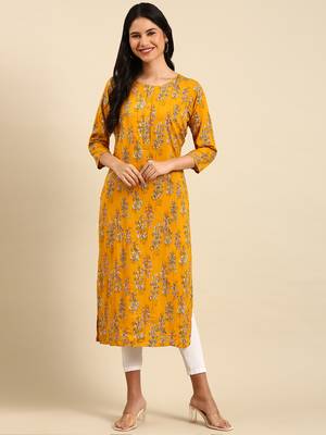 women's calf length round neck mustard floral straight kurta 3