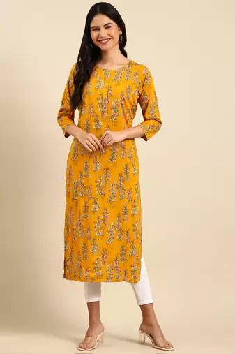 women's calf length round neck mustard floral straight kurta