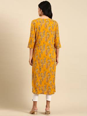 women's calf length round neck mustard floral straight kurta 4