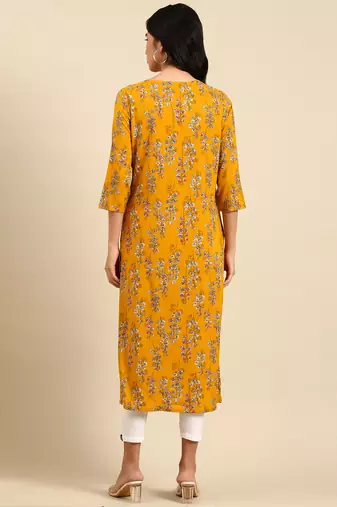 women's calf length round neck mustard floral straight kurta