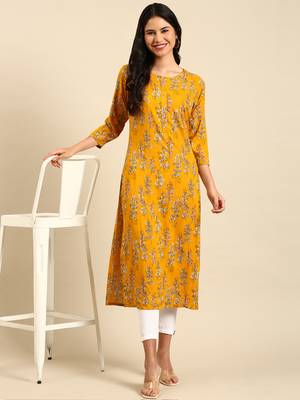 women's calf length round neck mustard floral straight kurta 5