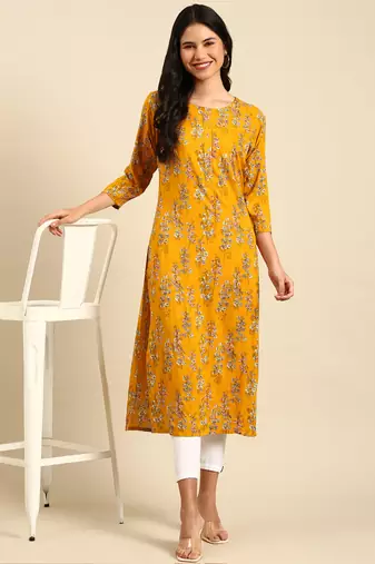 women's calf length round neck mustard floral straight kurta
