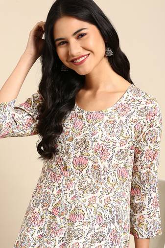 women's calf length round neck off white floral straight kurta
