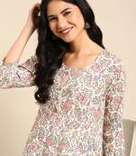 women's calf length round neck off white floral straight kurta