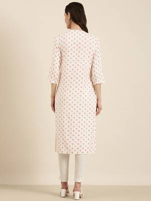 women's calf length tie-up neck off white floral straight kurta 5