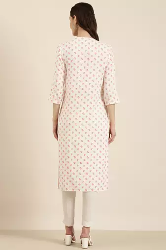 women's calf length tie-up neck off white floral straight kurta