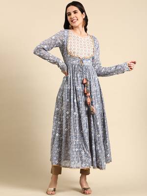 Showoff women's ankle length round neck blue ethnic motifs anarkali kurta 1