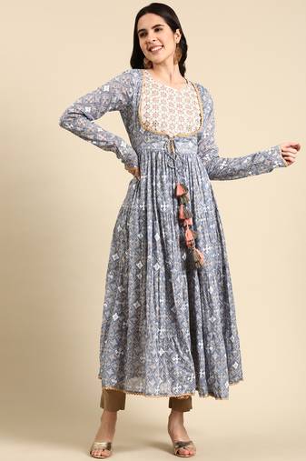 Showoff women's ankle length round neck blue ethnic motifs anarkali kurta