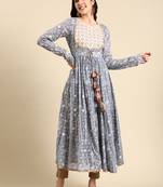 Showoff women's ankle length round neck blue ethnic motifs anarkali kurta