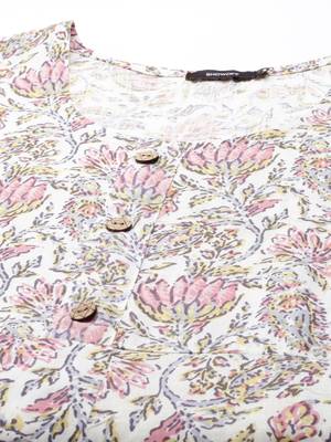 women's calf length round neck off white floral straight kurta 2