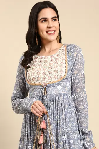 Showoff women's ankle length round neck blue ethnic motifs anarkali kurta