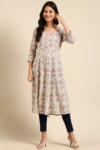 women's calf length round neck off white floral straight kurta