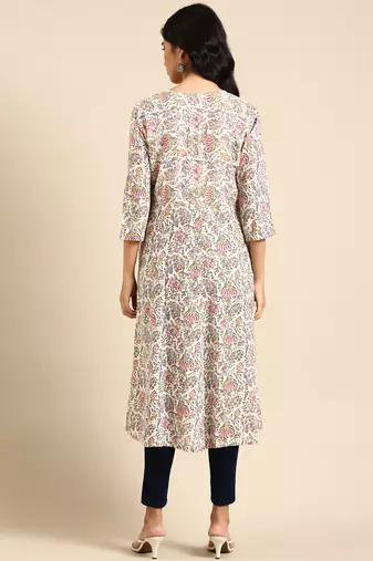 women's calf length round neck off white floral straight kurta