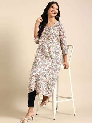 women's calf length round neck off white floral straight kurta 5