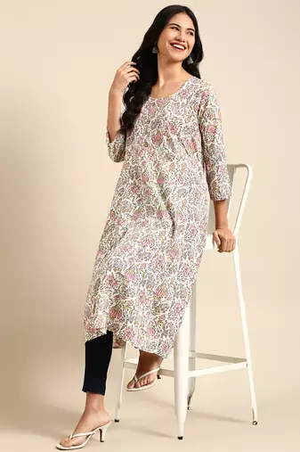 women's calf length round neck off white floral straight kurta